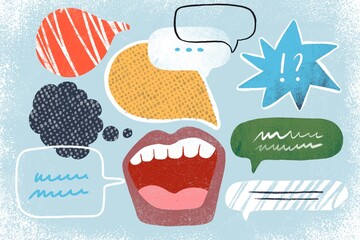 Open mouths with speech bubbles and message icons