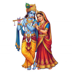 Hindu deity Krishna playing flute with Radha in red and yellow traditional Indian attire graphic design isolated on a transparent background
