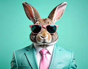 Stylish anthropomorphic rabbit in a teal suit and sunglasses on a clean pastel background, representing creativity, fashion concepts, branding ideas, and playful modern design.