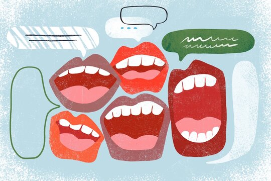 Open mouths with speech bubbles and message icons