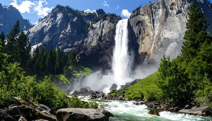A majestic waterfall cascades down a rugged cliff face, surrounded by lush green trees and a vibrant blue sky