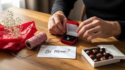 Proposal with jewelry, chocolates, and card on table