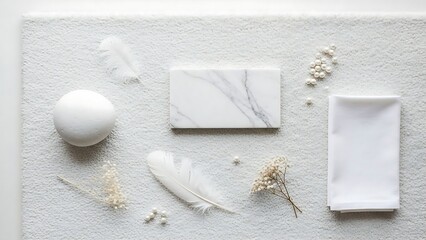 Top view flat lay mood board featuring white materials, including a textured rug, smooth stone, and marble
