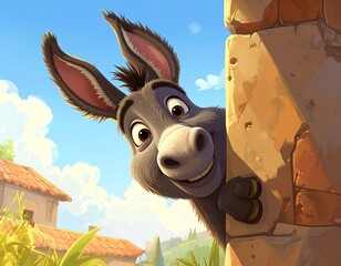A charming, animated donkey peeks around a stone wall, its friendly smile revealing teeth. Buildings and hills form the background
