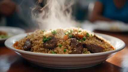 A steaming hot plate of delicious fried rice with sliced meat and vegetables served on a white dish