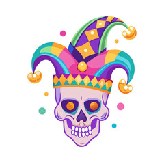 Set of clown skulls with jester hat, circus clown nose and party hat 