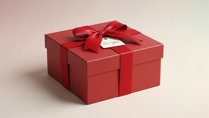 Red gift box with ribbon and tag