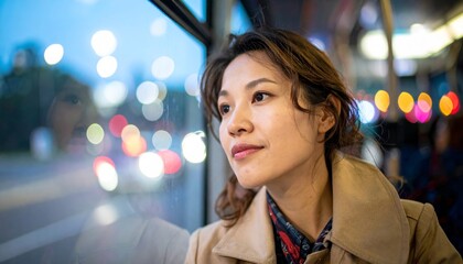 Young woman looking out of a window at night with city lights blurred in the background.