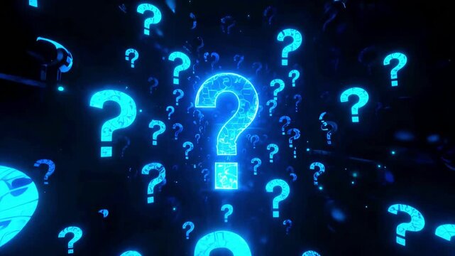 Bright glowing blue digital question mark symbols illuminate a dark abstract background representing technological uncertainty and complex problem solving challenges