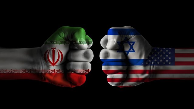 american flag with fist, Conceptual Clashing Fists Painted with Iran Israel and USA National Flags Representing Geopolitical Conflict