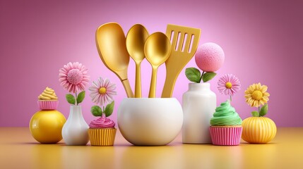 Colorful Kitchen Utensils and Cupcakes with Flowers on Creative Pink Background