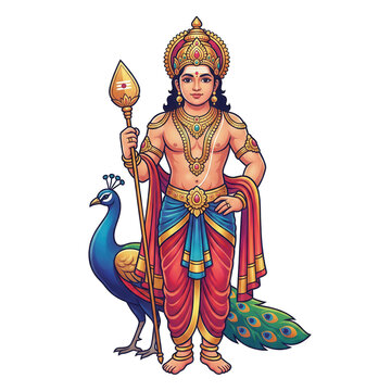 Hindu God Murugan Standing with a Spear and a Peacock religion Indian isolated on a transparent background