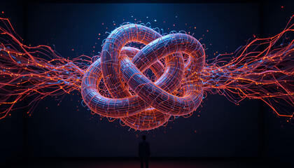 A person stands in front of a large, glowing, abstract knot structure