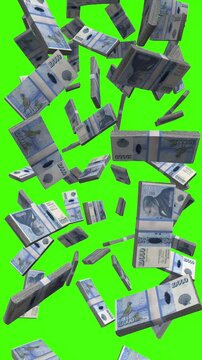 Vertical Icelandic Krona bills falling on chromakey, ISK cash rain