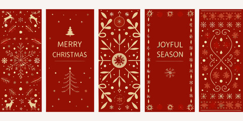 Festive red christmas banners with deer trees and joyful seasonal greetings © Raju