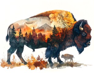 A majestic bison, painted in watercolor, featuring a vibrant landscape of forests and mountains within its silhouette