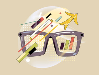 Glasses with growth charts, data analytics and financial insight conce