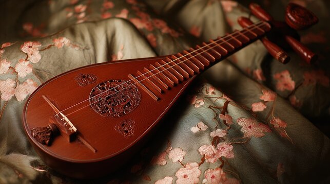 pipa. Ornate pear-shaped pipa lute resting on an embroidered silk cushion. event programs, museum guides, designed for cultural heritage projects and event programs, supports education.