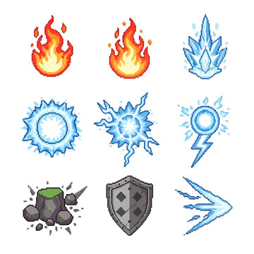 Pixel Art Magic Spell Effects Icons - Fire, Ice, Lightning, Earth, Shield, and Water Attacks