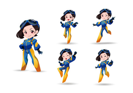 Cute chibi female pilot mascot character set in blue and yellow jumpsuit, five poses, isolated on white