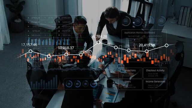 A professional business team collaborates in a modern office setting, analyzing data on a digital dashboard with charts and metrics to drive strategic decisions. Raster