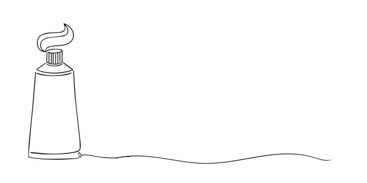 Hand drawn single line illustration of a toothpaste tube. Line art style with clean and minimalist outline, representing oral hygiene, dental care, and daily health routine.