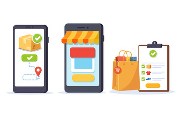 Vector flat illustration of mobile online shopping concept featuring smartphones with storefront awning, delivery tracking map, package boxes, shopping bags, and order completion checklist. Ideal for 