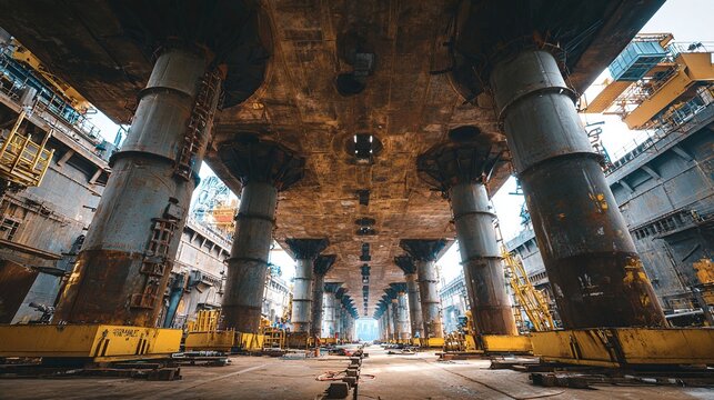 hydrologic. Massive steel caisson supported by jacks in an industrial dry dock setting. safety posters, maintenance manuals, designed for precision metalworking and fabrication facilities.