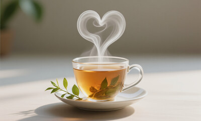 Herbal tea cup with steam forming subtle heart shape wellness valentine  Generative AI