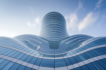 Futuristic blue glass building with wavy futuristic building