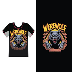 Fototapeta premium Werewolf Graphic Design: A dynamic graphic design showcasing a menacing werewolf emerging from a brick wall, perfect for apparel and creative projects. 