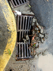 Damaged Urban Drain with Accumulation of Debris on a Wet Street in Brazil