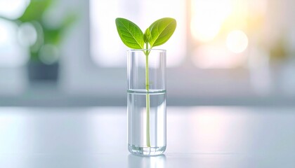 Green plant seedling growing in a glass test tube in a laboratory representing biotechnology and ecology concept
