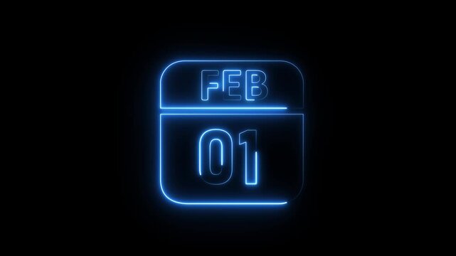 Glowing neon 01 February icon .a neon sign with a calendar that says "01 DAYS". HD Video motion graphic animation isolated on transparent background.