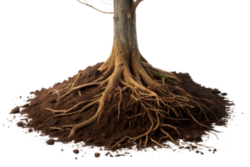 Tree roots with pile of soil isolated on a white or transparent background.