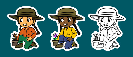 Cute Cartoon Girl Gardening with Potted Plants