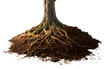 Tree roots with pile of soil isolated on a white or transparent background.