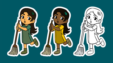 Cute Cartoon Girl Sweeping with a Broom Sticker Set