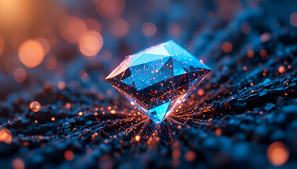 A large blue diamond surrounded by sparkling lights and bokeh effects