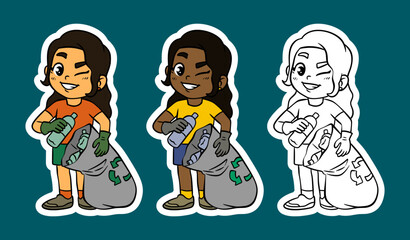 Happy Kids Collecting Plastic Bottles for Recycling 