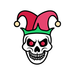 Creepy clown skull with sinister eyes wearing jester hat for Halloween design