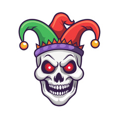 Creepy clown skull with sinister eyes wearing jester hat for Halloween design