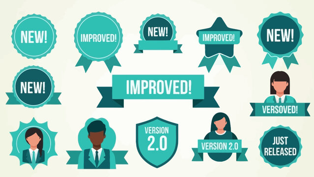 Collection of graphic elements representing new and improved versions with people icons