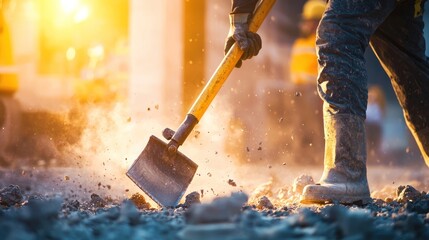 Worker using shovel against sun