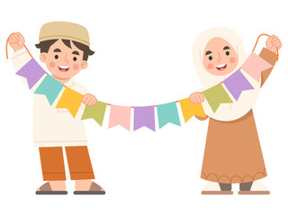 Illustration of Muslim Children Holding Bunting Flags