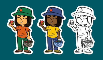 Cute Cartoon Kids Fruit Picking Sticker Set