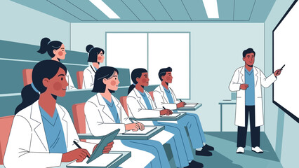 Medical students in white lab coats taking notes in a classroom setting with a teacher explaining on a whiteboard