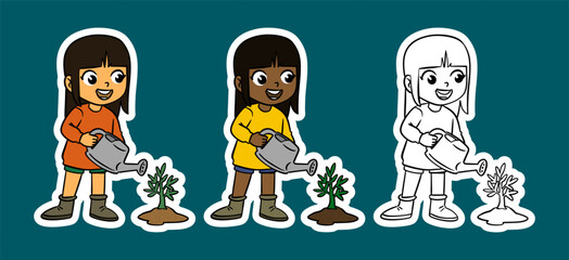 Diverse Girls Watering Plants Sticker Set 