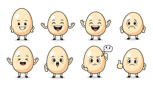 A collection of eight cartoon eggs each with unique facial expressions and body postures showcasing a variety of emotions and actions character cute funny drawing illustration