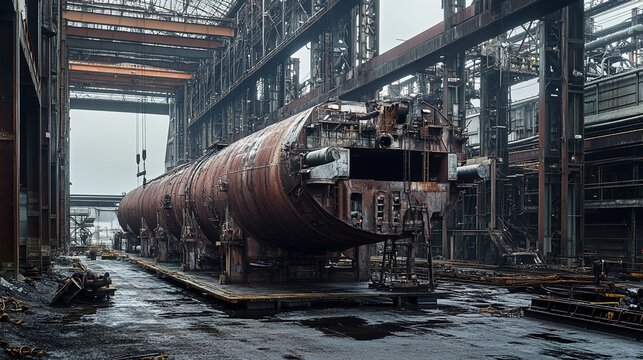 hydrologic. Massive steel caisson supported by jacks in an industrial dry dock setting. safety posters, maintenance manuals, designed for precision metalworking and fabrication facilities.